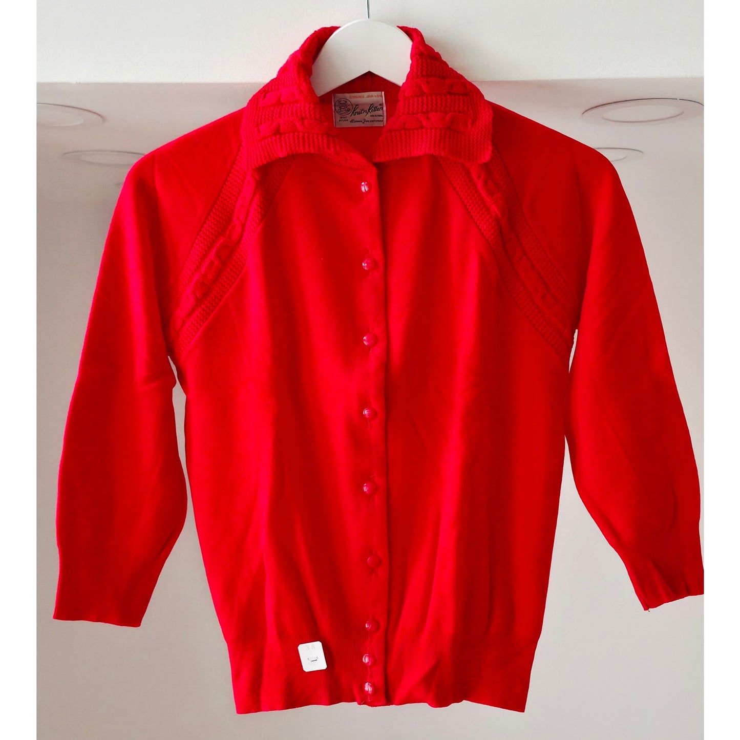 VINTAGE *NEW* 1960's Red Collared Women's Sweater w/Buttons 100% Nylon Size 38