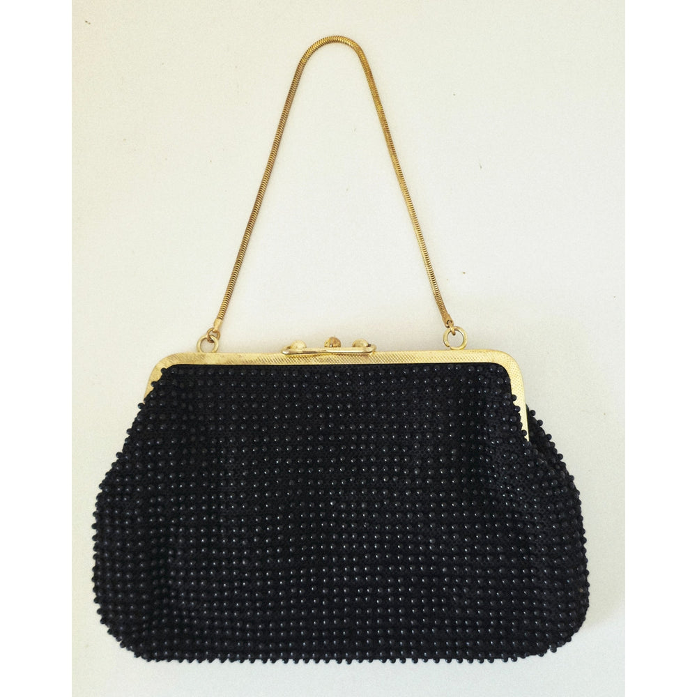 VINTAGE *NEW* 1960's Fancy Beaded Purse Black with Bronze Strap