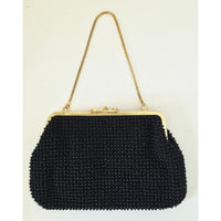 VINTAGE *NEW* 1960's Fancy Beaded Purse Black with Bronze Strap