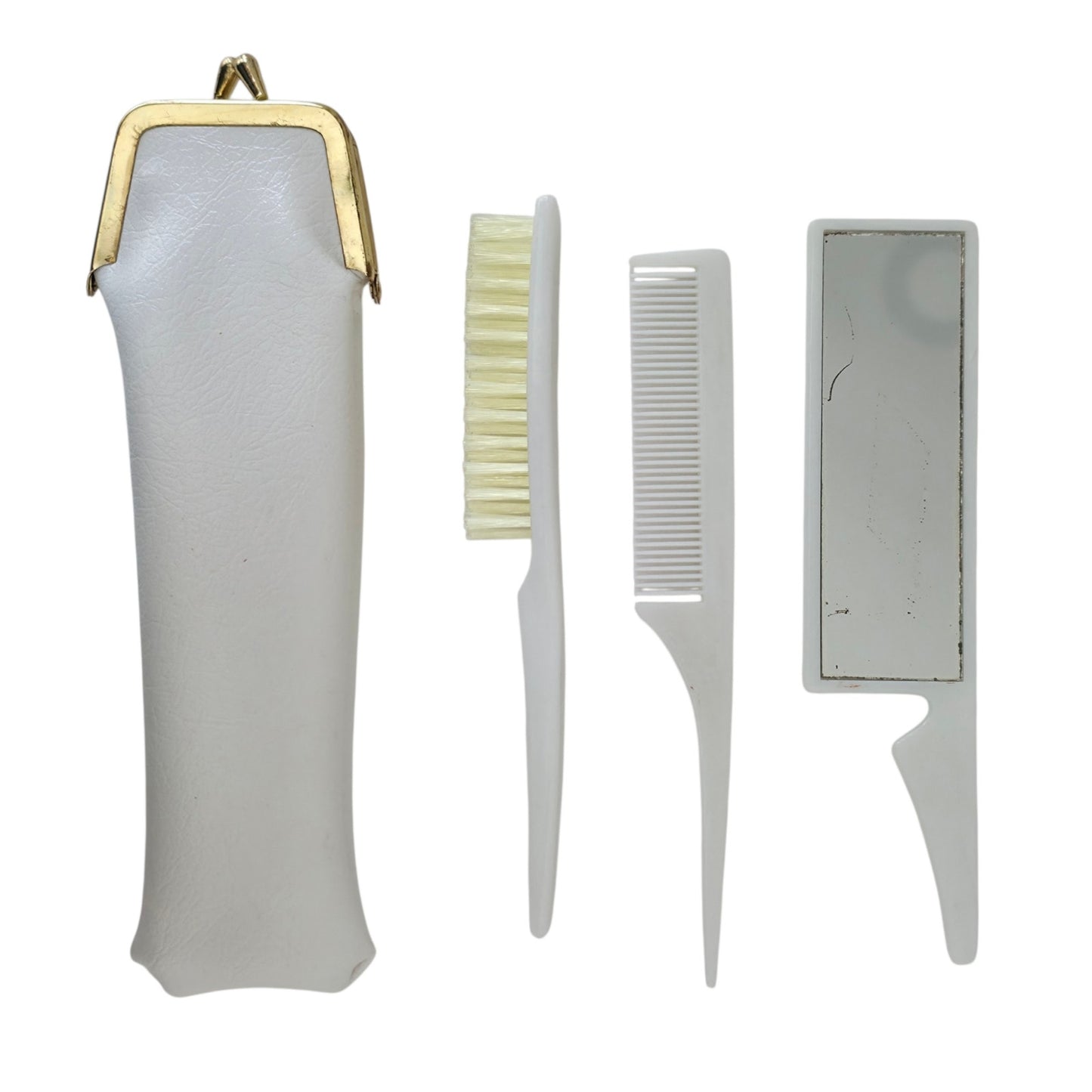 VINTAGE *NEW* 1970's Purse Grooming Set Brush Comb Mirror with Cream Case