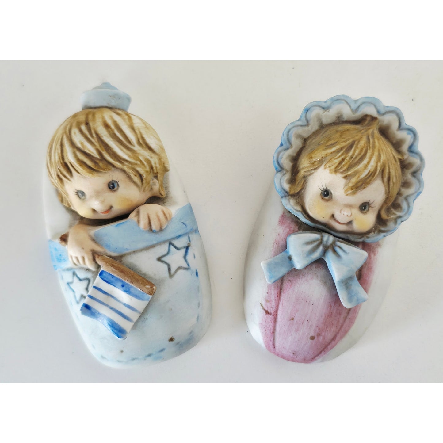 VINTAGE *NEW* 1960's Baby Boy and Girl in Blanket Christmas Ornaments Set of 2