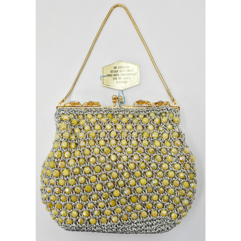 VINTAGE *NEW* 1960's Hand-Made Fancy Beaded Purse Yellow & Silver w/Gold Strap