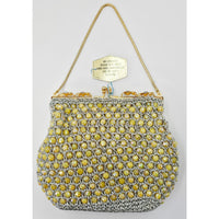VINTAGE *NEW* 1960's Hand-Made Fancy Beaded Purse Yellow & Silver w/Gold Strap