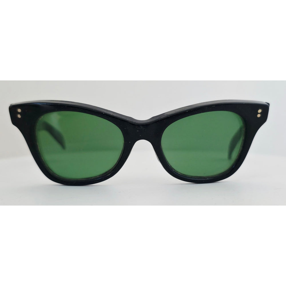 VINTAGE *NEW* 1970's Glam Unisex Sunglasses Black Oval Frame with Green Lens