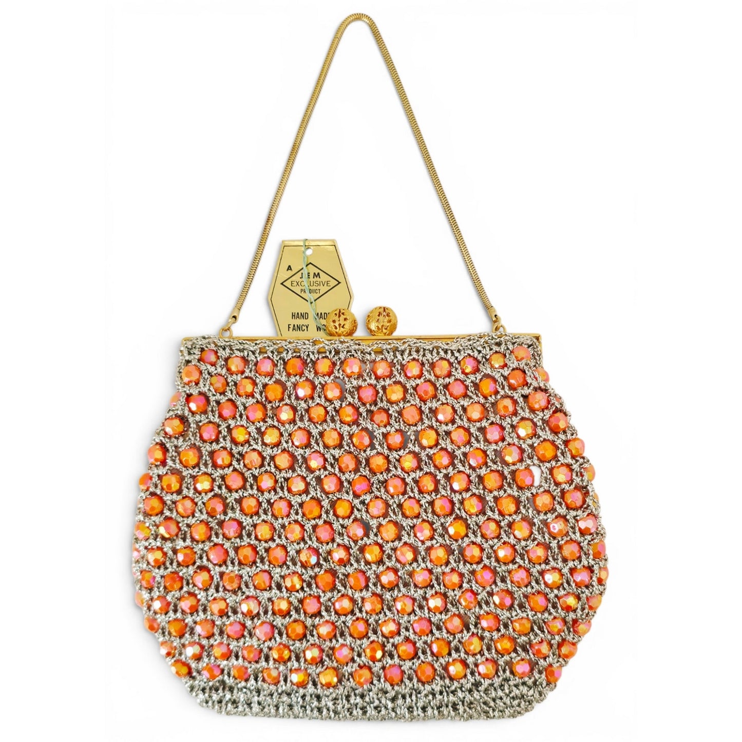 VINTAGE *NEW* 1960's Hand-Made Fancy Beaded Purse Orange & Pink with Gold Strap
