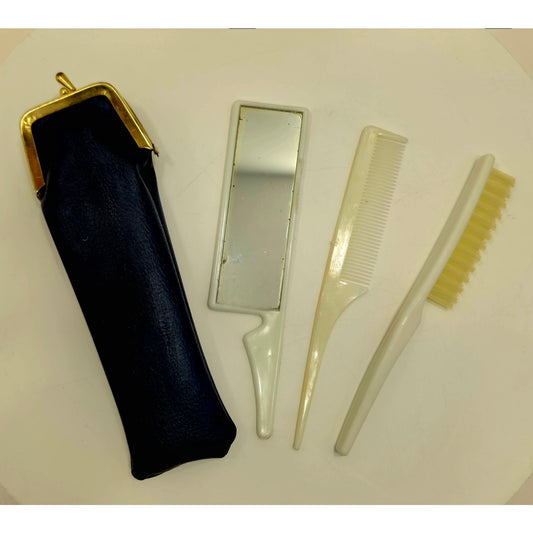 VINTAGE *NEW* 1970's Purse Grooming Set Brush Comb Mirror with  Black Case