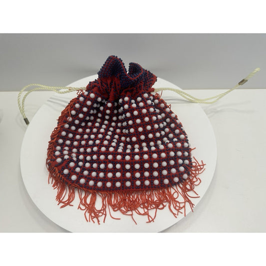 VINTAGE *NEW* 1970's Hand-Beaded with Fringe Cinch Purse in Red
