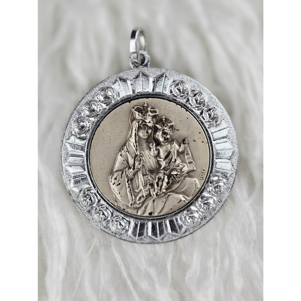 VINTAGE *NEW* 1950's Madonna and Child Silver-Toned Religious Pendant 1.7"