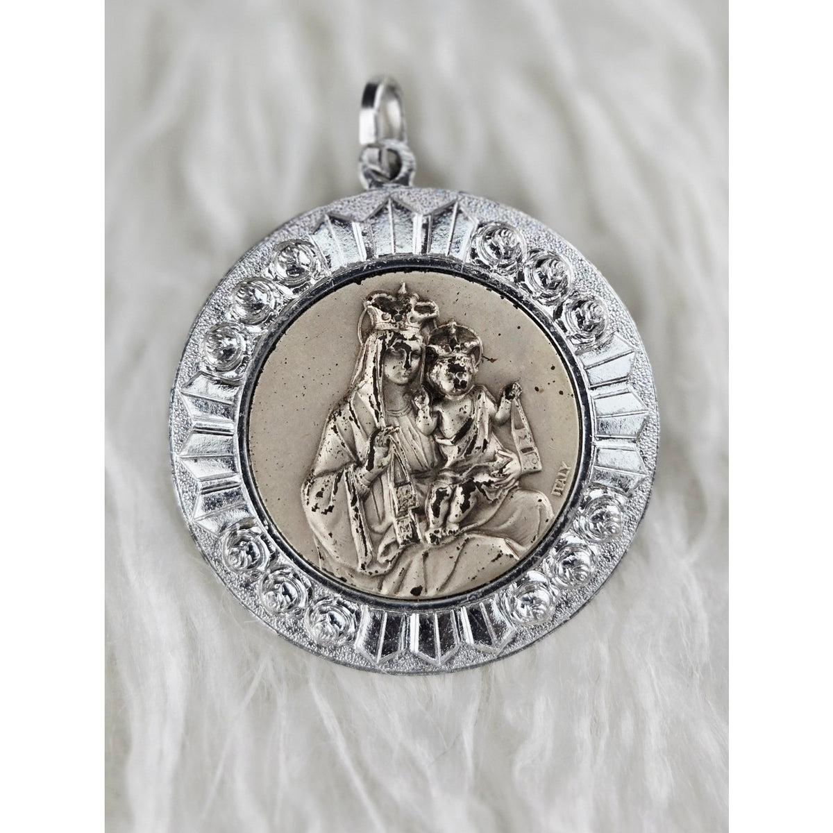 VINTAGE *NEW* 1950's Madonna and Child Silver-Toned Religious Pendant 1.7"
