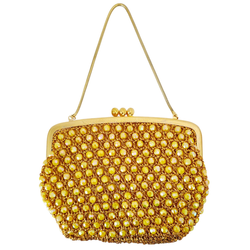 VINTAGE *NEW* 1960's Hand-Made Fancy Beaded Purse Yellow with Gold Strap