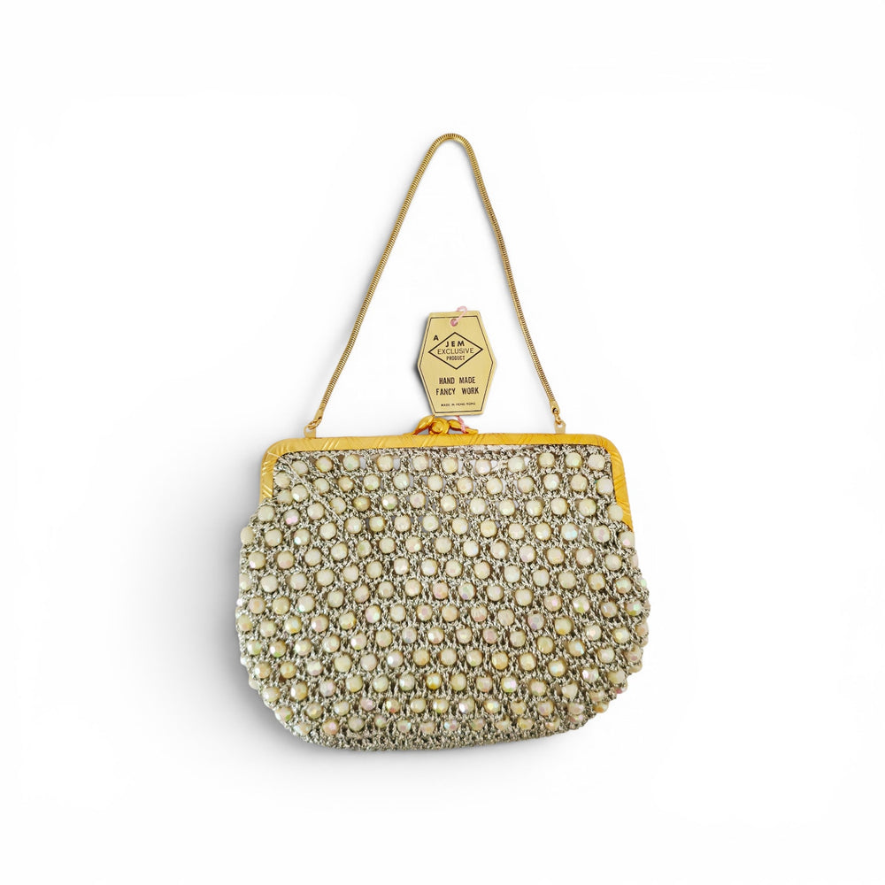 VINTAGE *NEW* 1960's Hand-Made Fancy Beaded Purse White with Gold Strap