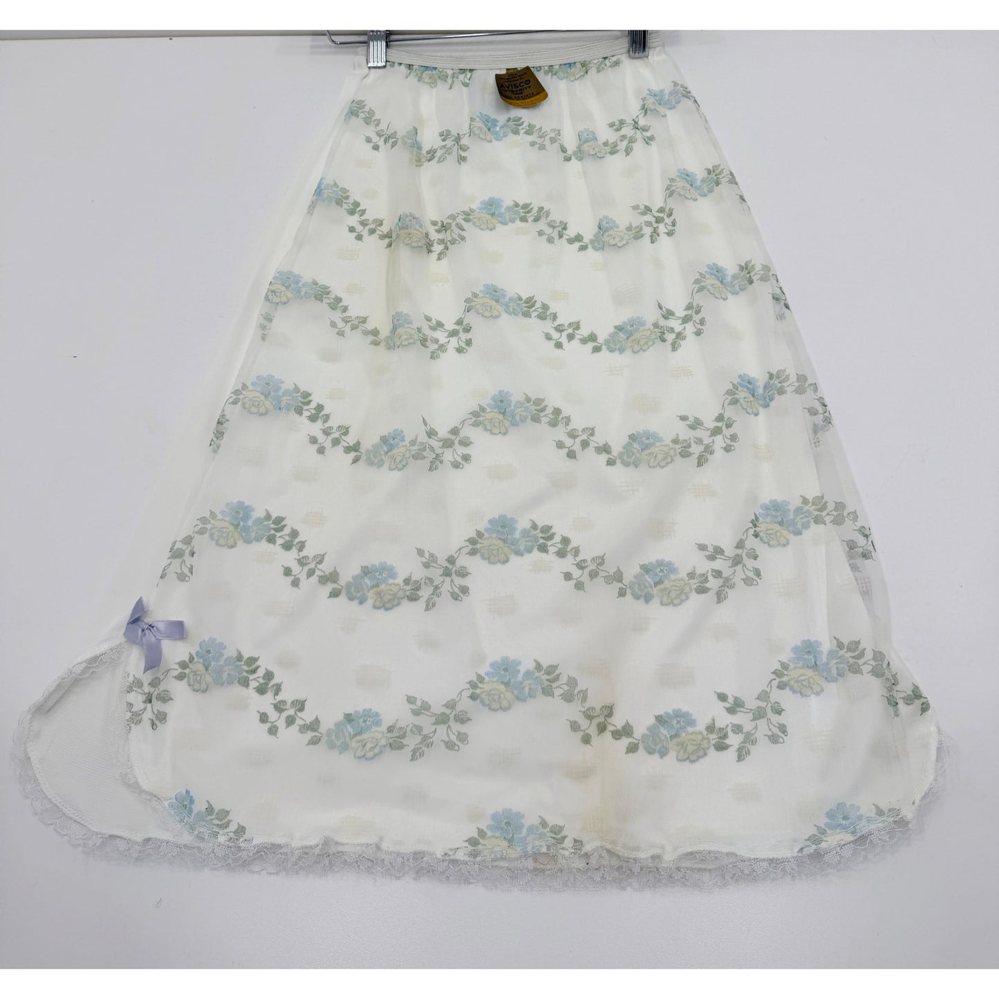 VINTAGE *NEW* 1960's Women's White with Green & Blue Flowers Slip Skirt Sz S/M