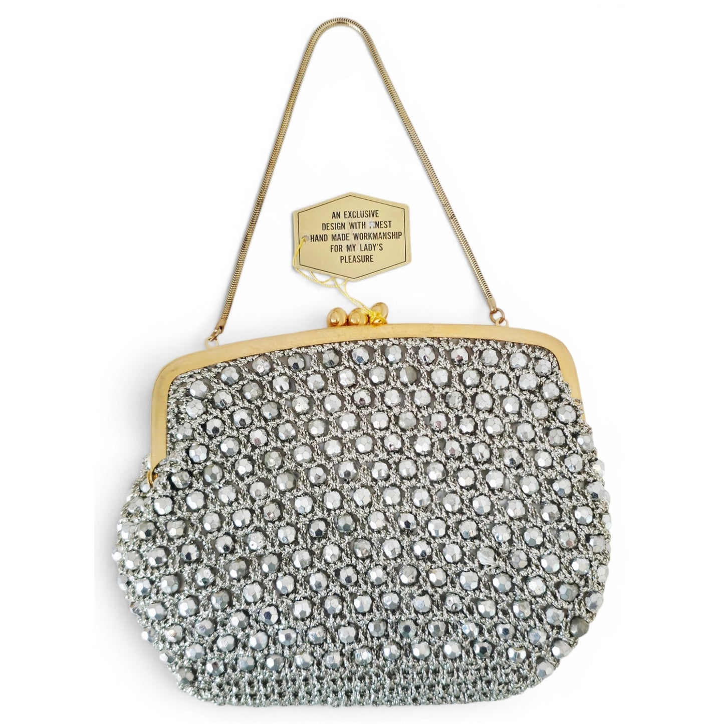 VINTAGE *NEW* 1960's Hand-Made Fancy Beaded Purse Silver with Gold Strap
