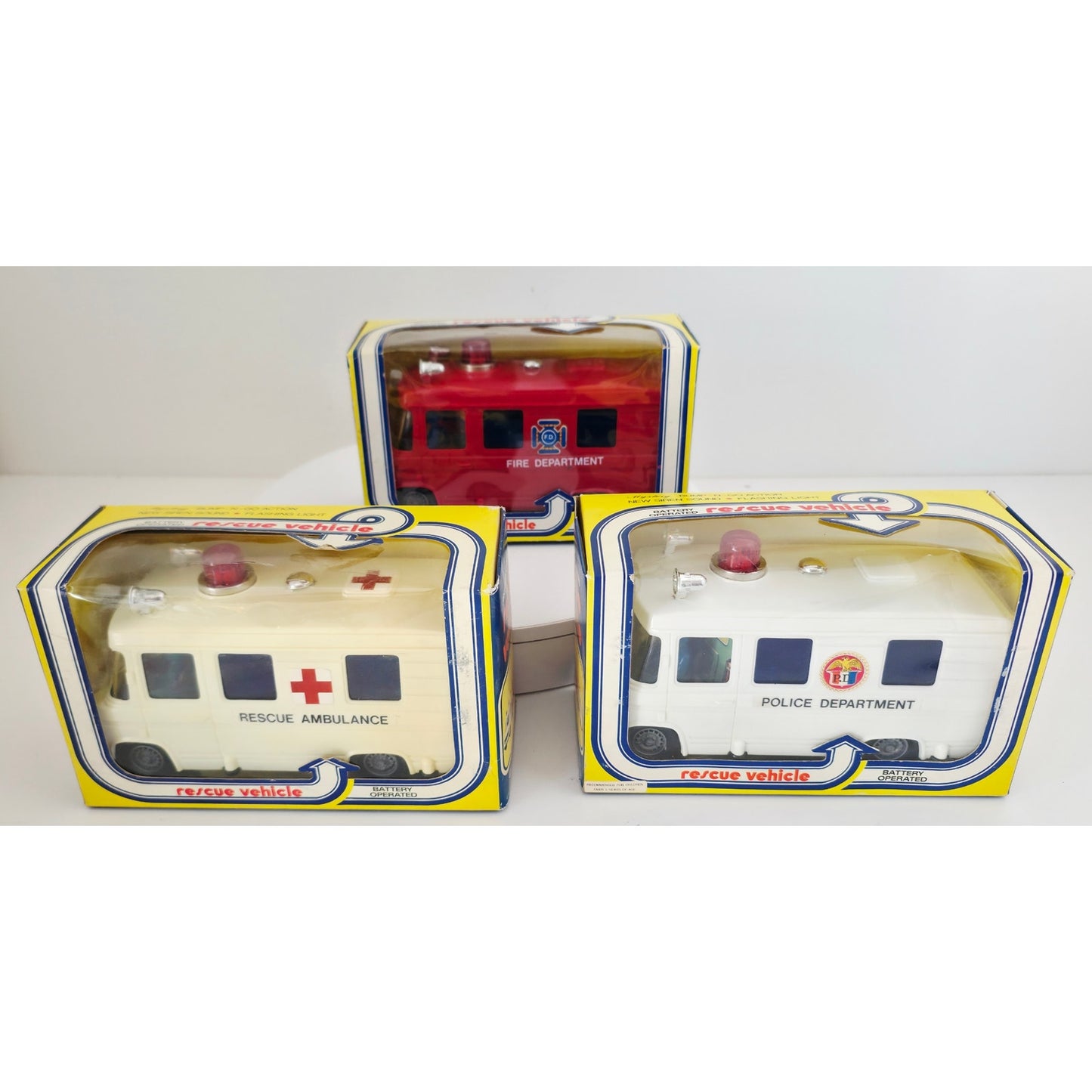 VINTAGE *NEW* 1980's Rescue Vehicles With Sirens Bump-n-Go Action Set of 3
