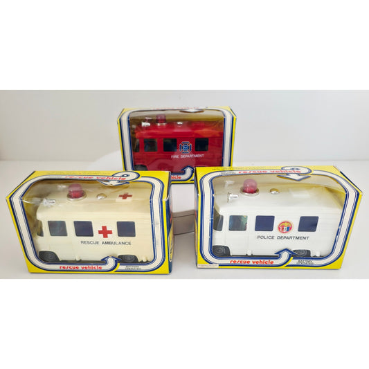 VINTAGE *NEW* 1980's Rescue Vehicles With Sirens Bump-n-Go Action Set of 3