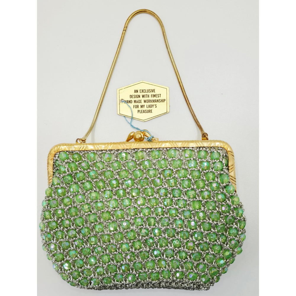 VINTAGE *NEW* 1960's Hand-Made Fancy Beaded Purse Green with Gold Strap