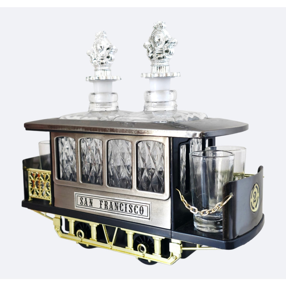 VINTAGE *NEW* 1950's Decanter Music Box San Francisco Train Car w/4 Shot Glasses