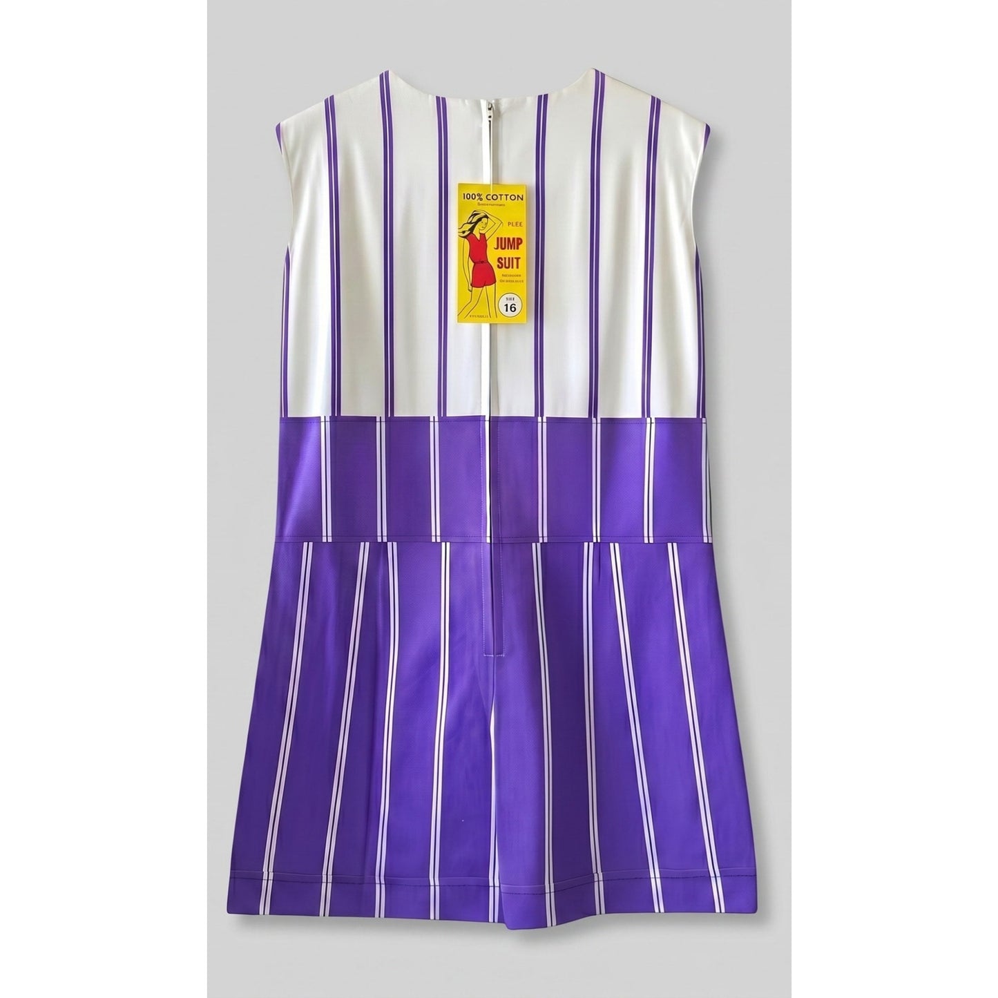 VINTAGE *NEW* 1960's Purple/White Stripe Waist Tie Romper Size 16 Made in Japan