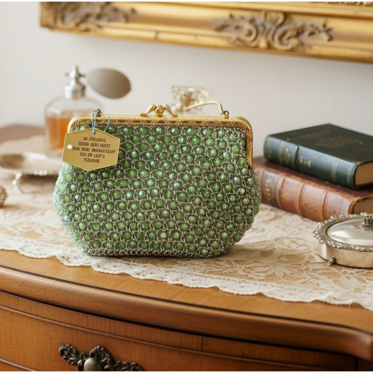VINTAGE *NEW* 1960's Hand-Made Fancy Beaded Purse Green with Gold Strap
