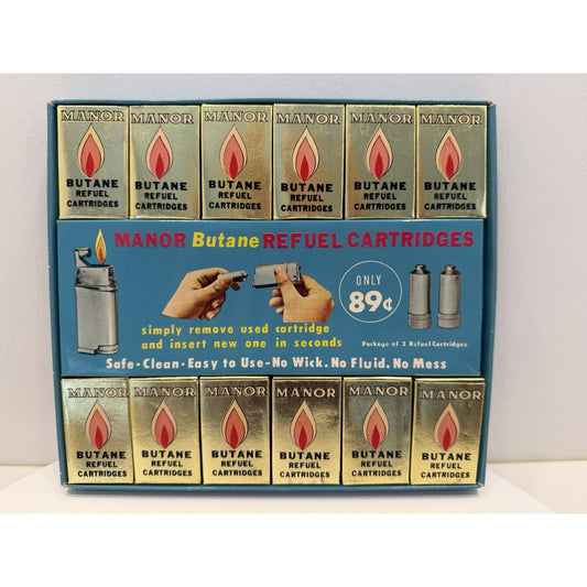 VINTAGE *NEW* 1950's Manor Butane Twin Refuel Cartridges Display - Dozen