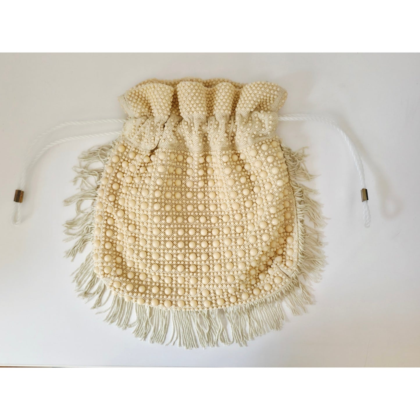 VINTAGE *NEW* 1960's Cream and White Beaded Cinch Purse