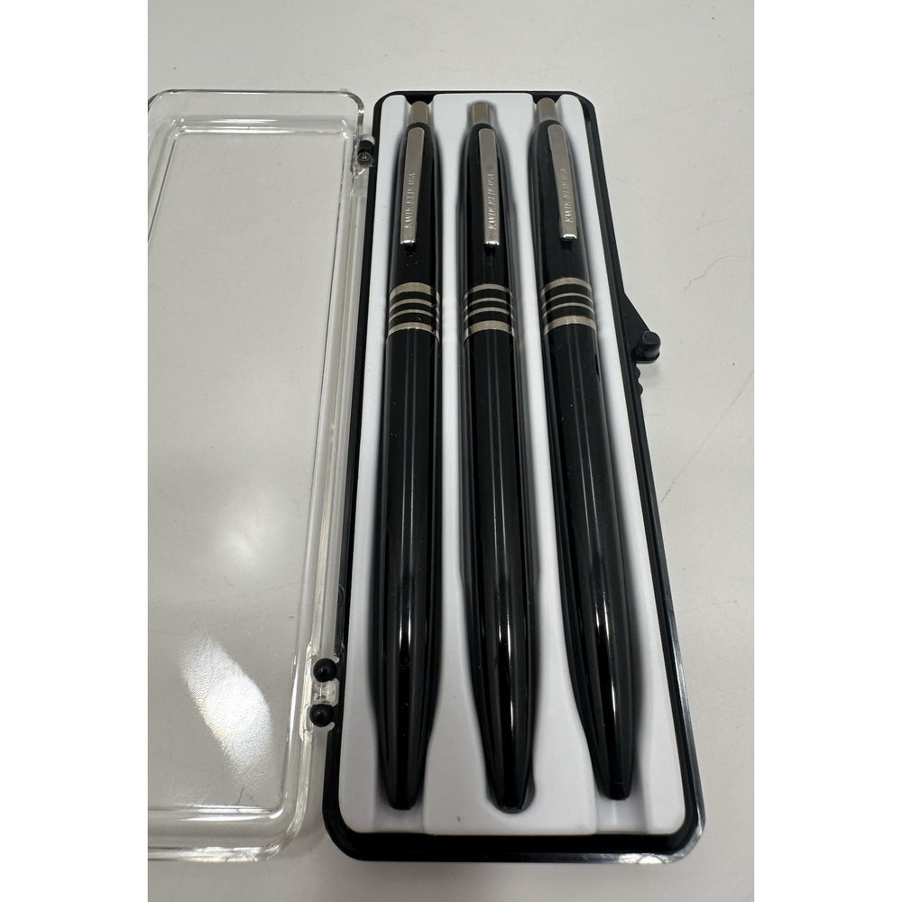 VINTAGE *NEW* Set of 3 Kwik Klik Ballpoint Pens in Case Black/Silver USA