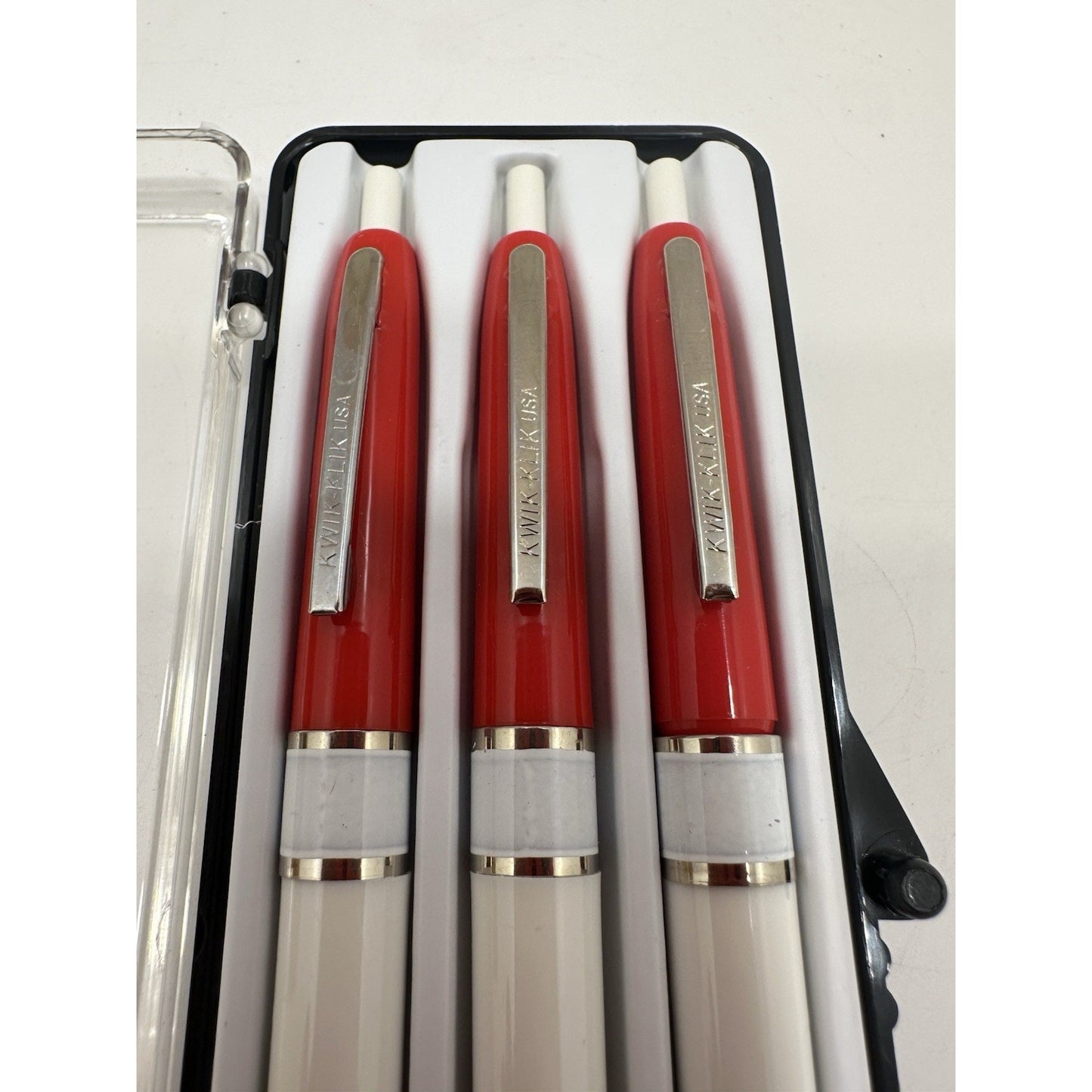 VINTAGE *NEW* Set of 3 Kwik Klik Ballpoint Pens in Case Red/White USA