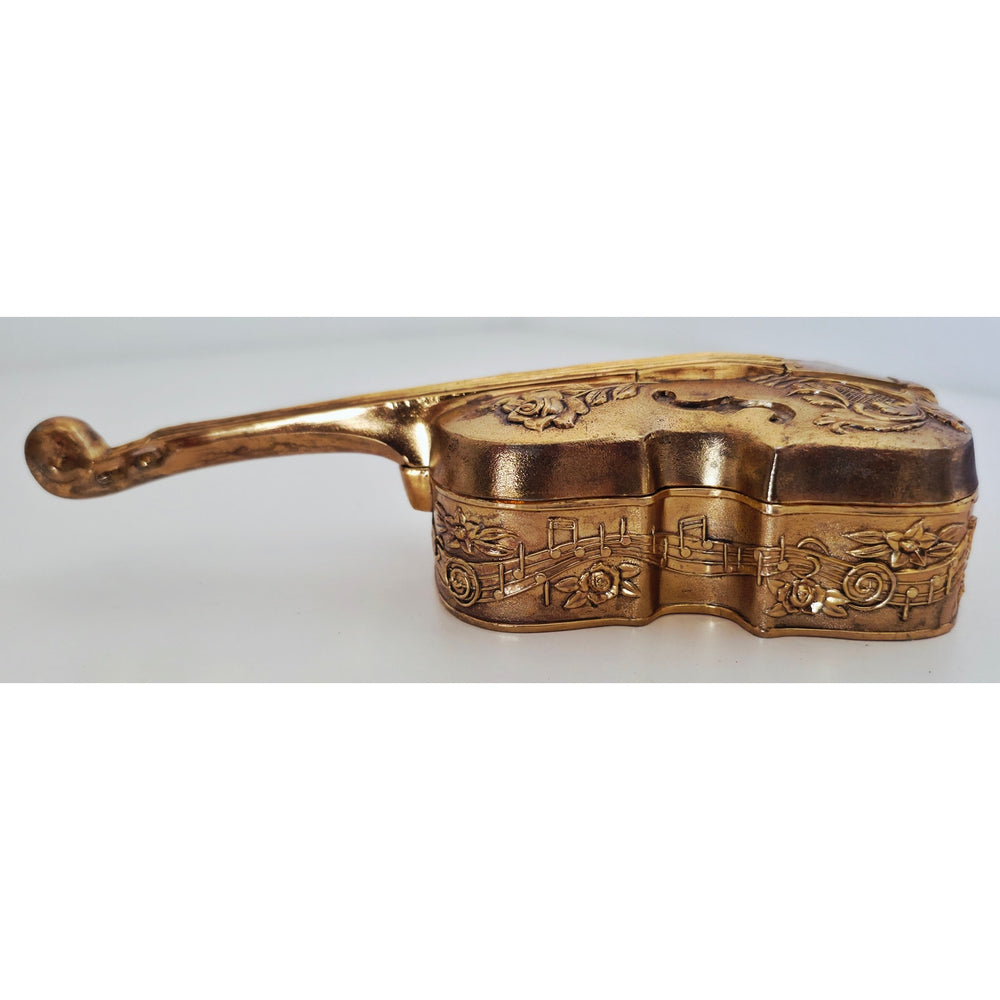 VINTAGE *NEW* 1970's Heavy Brass Guitar Jewelry Box with Floral Design