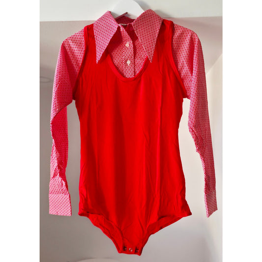VINTAGE *NEW* 1970's Women's Red and White Bodysuit w/Pointed Collar Size L