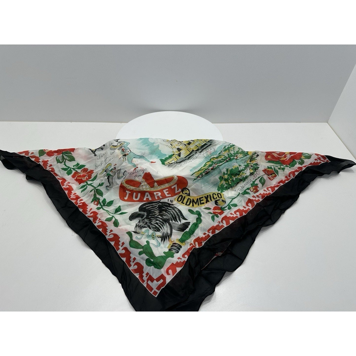 VINTAGE "NEW" 1950's "Juarez" Hand-Rolled Silk Rayon Scarf 31" x 31" - Black
