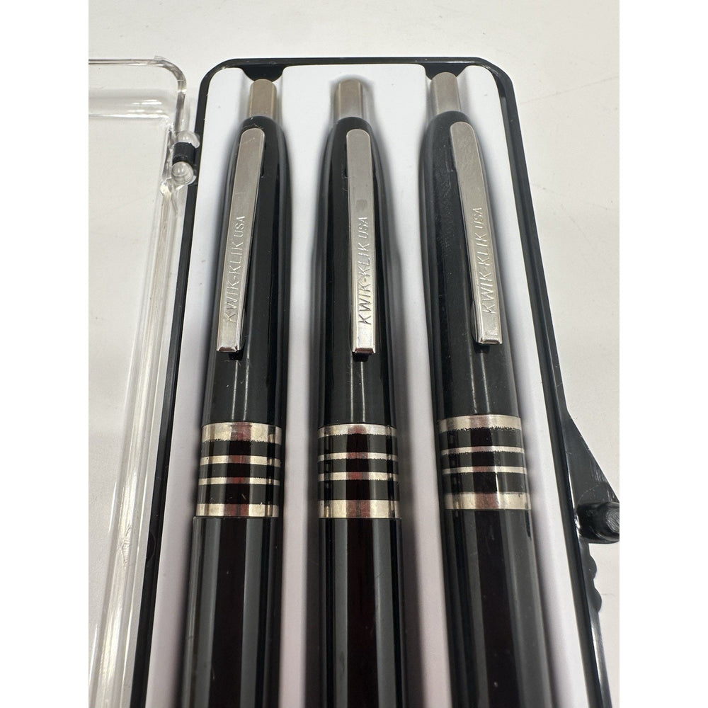 VINTAGE *NEW* Set of 3 Kwik Klik Ballpoint Pens in Case Black/Silver USA