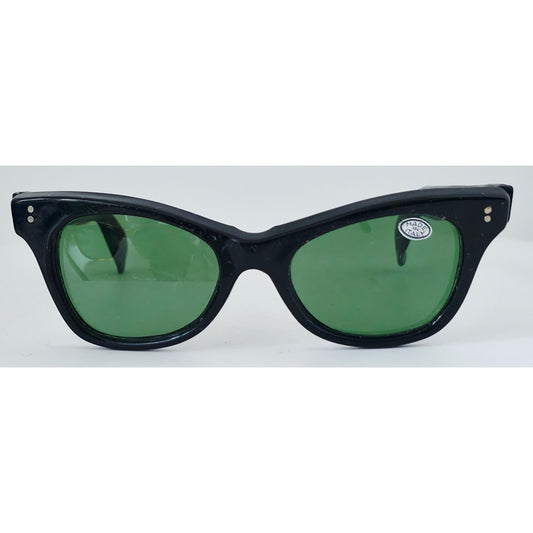 VINTAGE *NEW* 1970's Glam Unisex Sunglasses Black Frame Green Lens Made in Italy