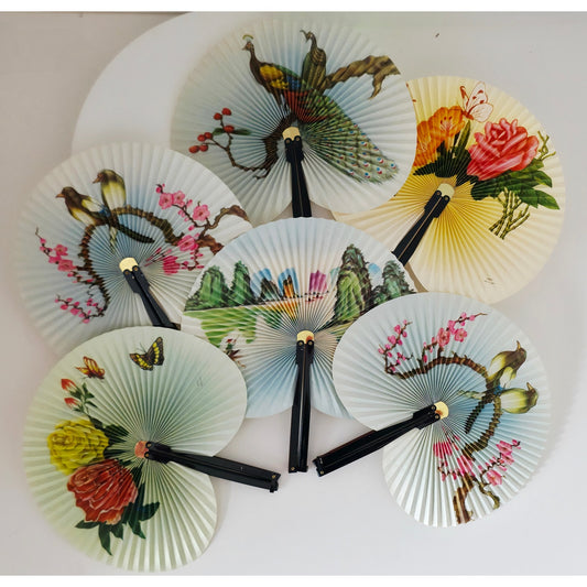 VINTAGE *NEW* 1970's Multicolor Travel Fans with Birds and Flowers Set of 6