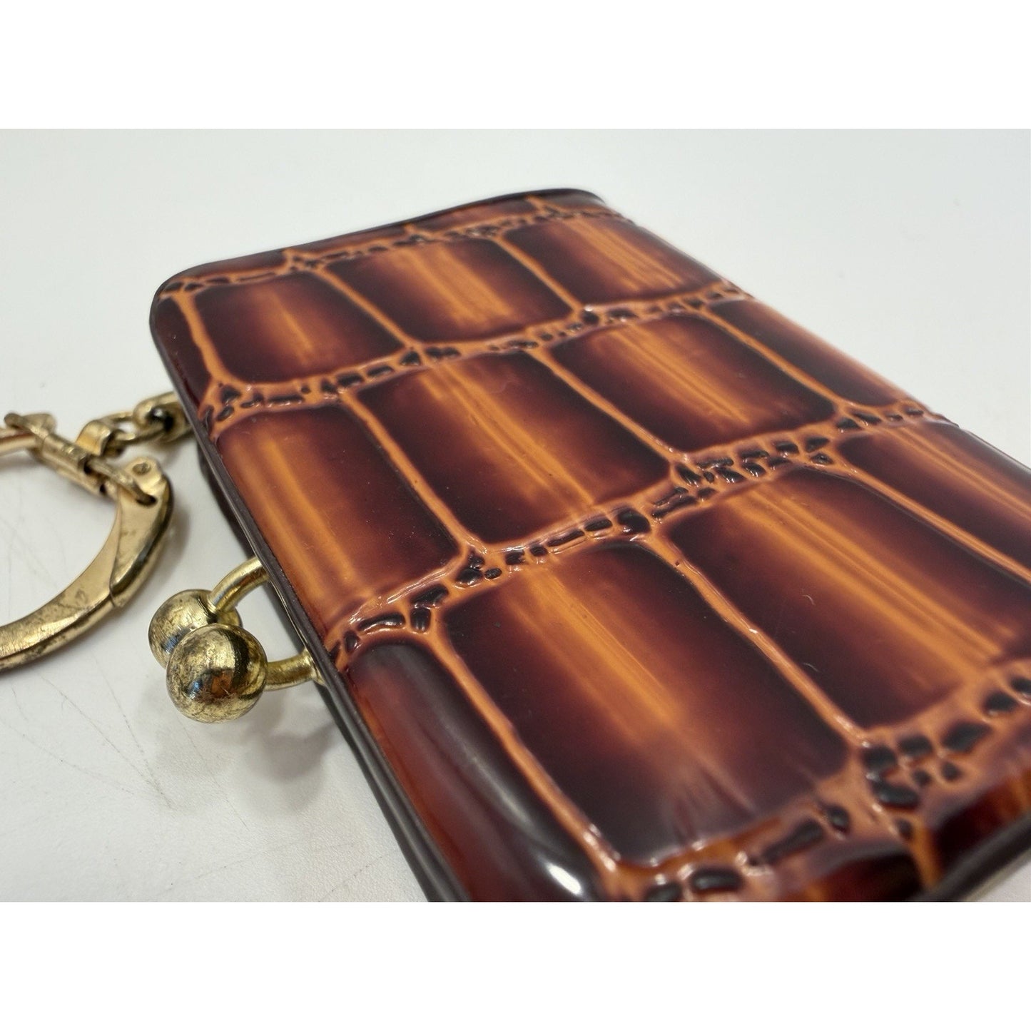 VINTAGE *NEW* 1960's Snake-Inspired 2-Section Small Change Purse Keychain | Brown