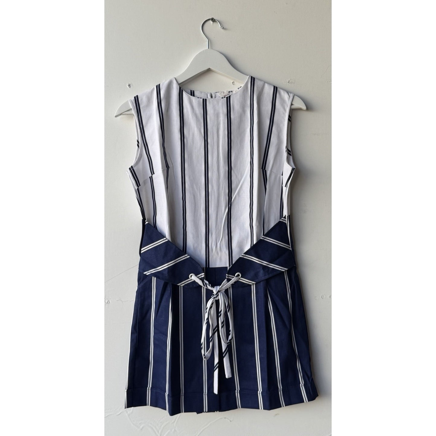 VINTAGE *NEW* 1960's Blue & White Striped Waist Tie Romper Size 14 Japan