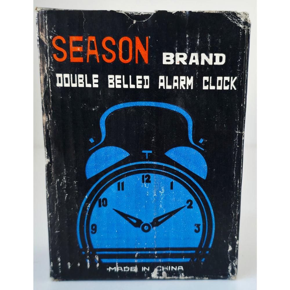 VINTAGE *NEW* 1970's Season Brand Double Bell Keywound Metal Alarm Clock - Blue