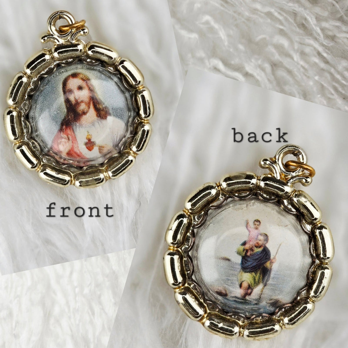 VINTAGE *NEW* 1950's Jesus and Saint Christopher Religious Pendant 1.25"