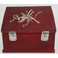 VINTAGE *NEW* 1970's Cherry Brown Wooden Jewelry Box with Ornamental Design