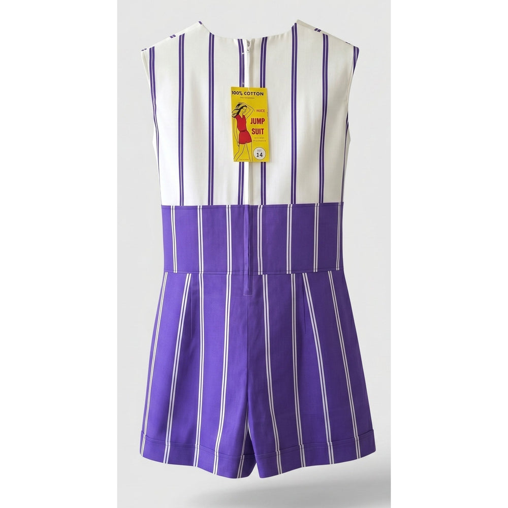 VINTAGE *NEW* 1960's Purple & White Stripe Waist Tie Romper Size 14 Japan