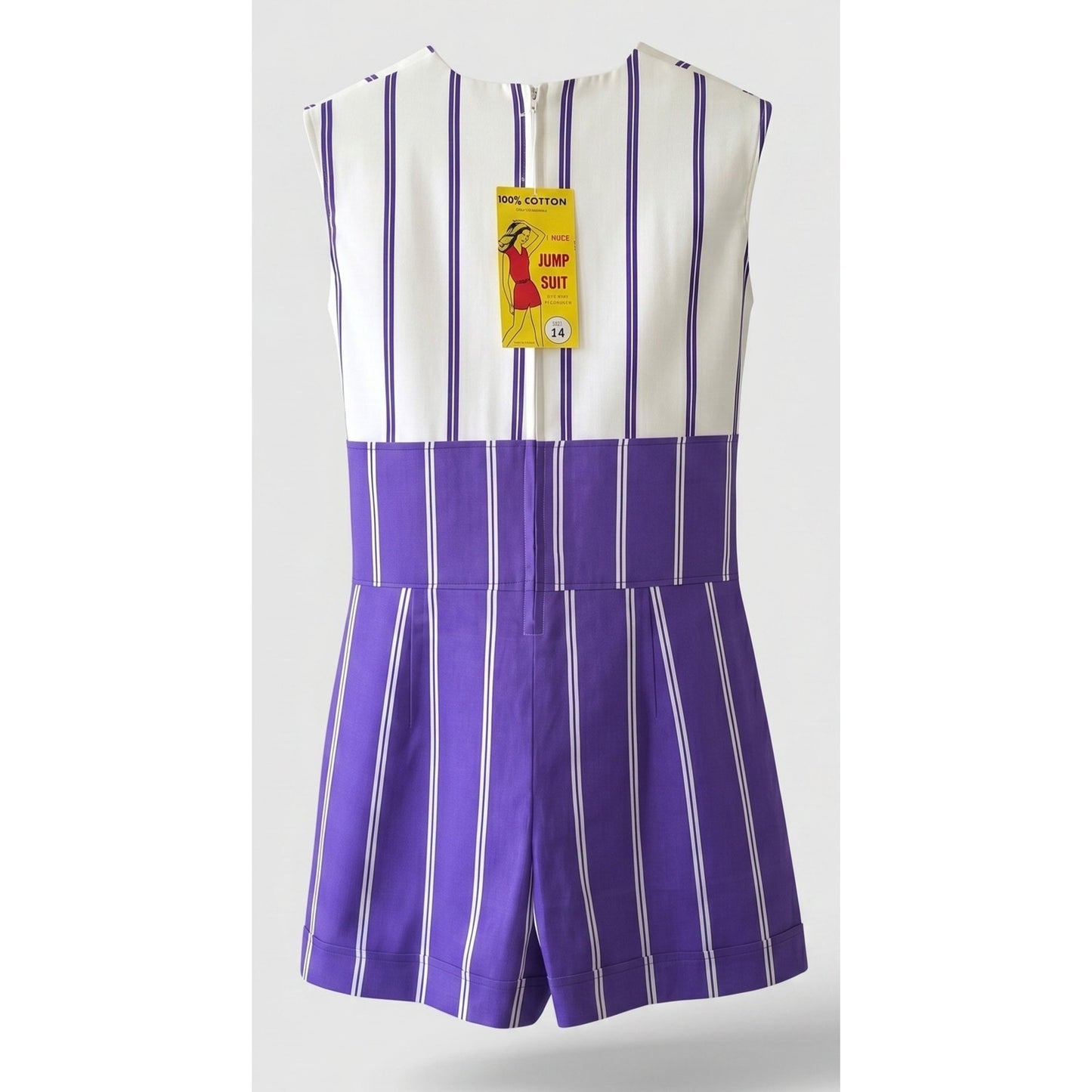 VINTAGE *NEW* 1960's Purple & White Stripe Waist Tie Romper Size 14 Japan