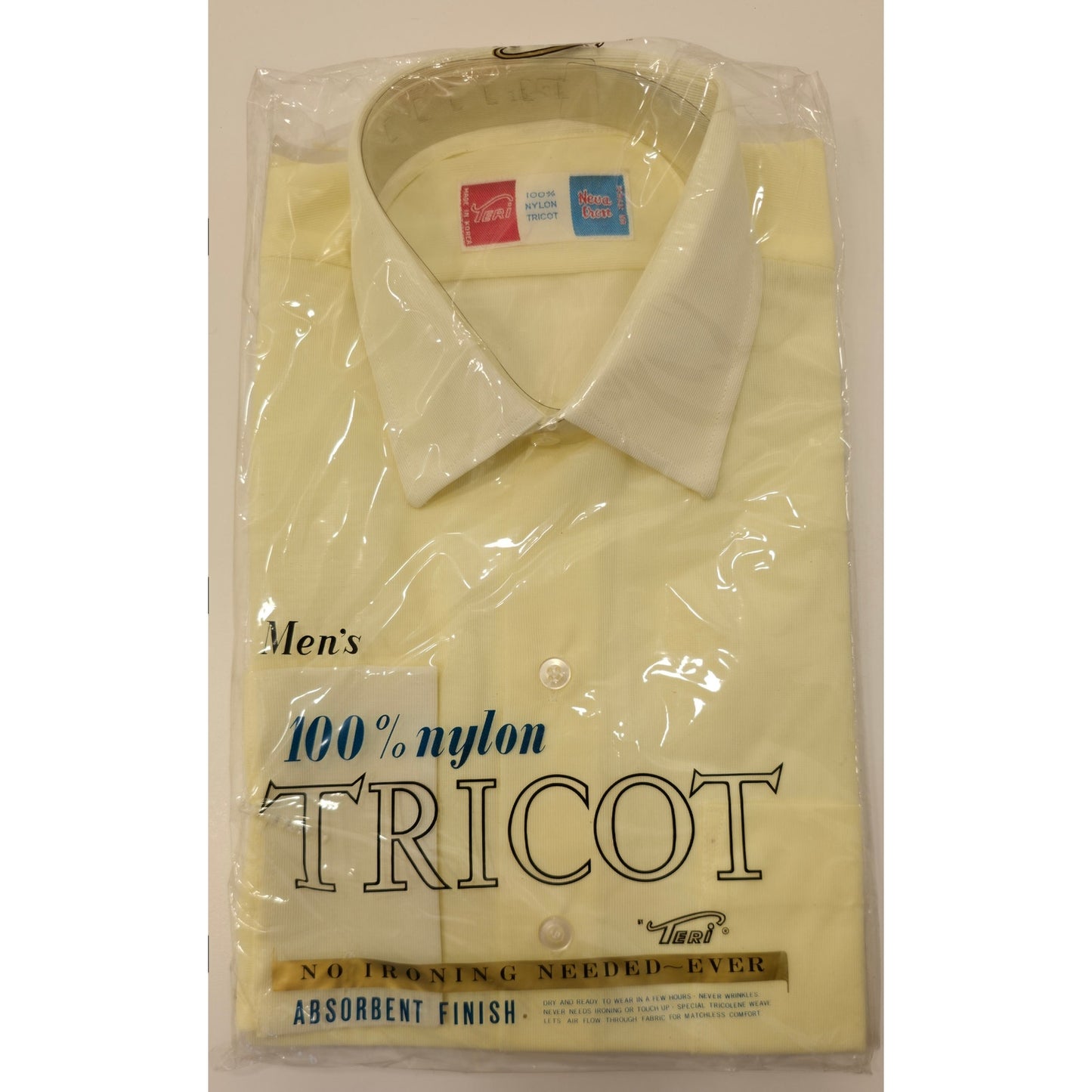 VINTAGE *NEW* 1960's Men's Light Yellow Collared Shirt 100% Nylon TRICOT Size 15-32