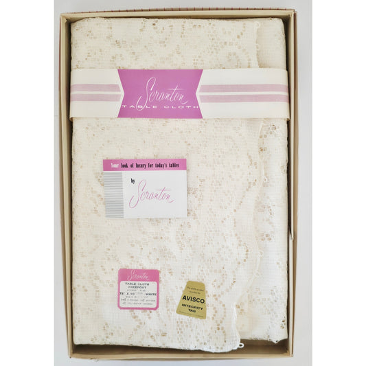 VINTAGE *NEW* 1950's Seranton White Lace Oval 72"x90" Stain Resistant Tablecloth