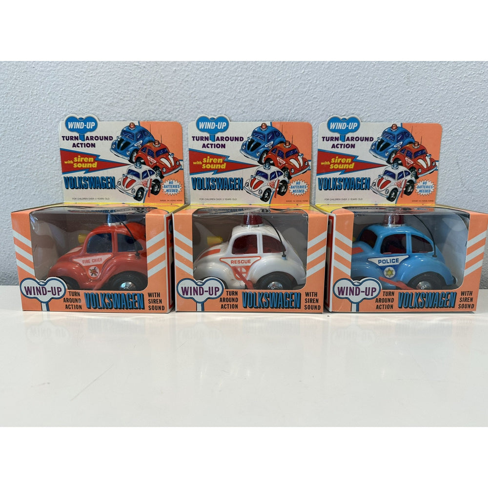 VINTAGE *NEW* Wind-Up VOLKSWAGEN Rescue/Fire/Police Bug Set w/Siren Sound Action