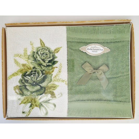 VINTAGE *NEW* 1960's Golden Crown Decorative Guest Towels Green with Flowers Set 2