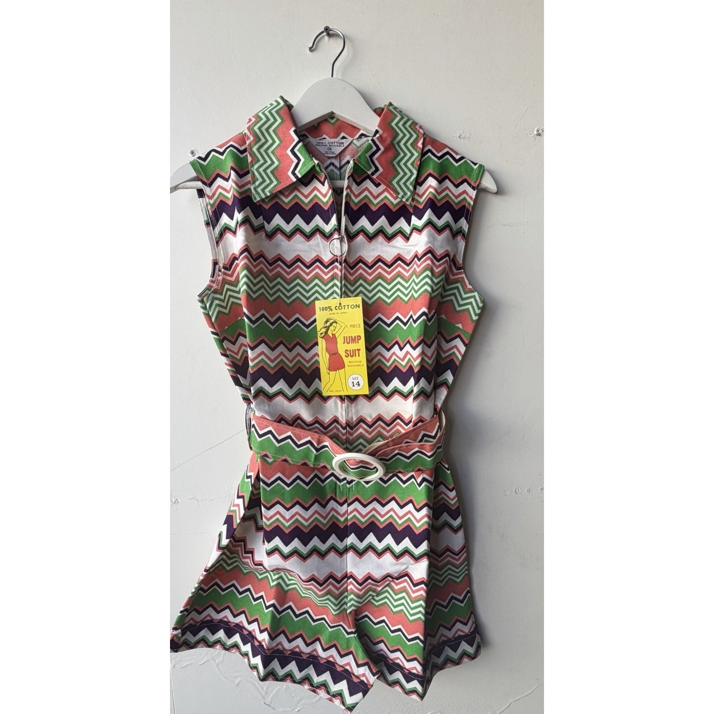 VINTAGE *NEW* 1960's Chevron Print Romper with Belt Size 14 (Fits like 6-8)