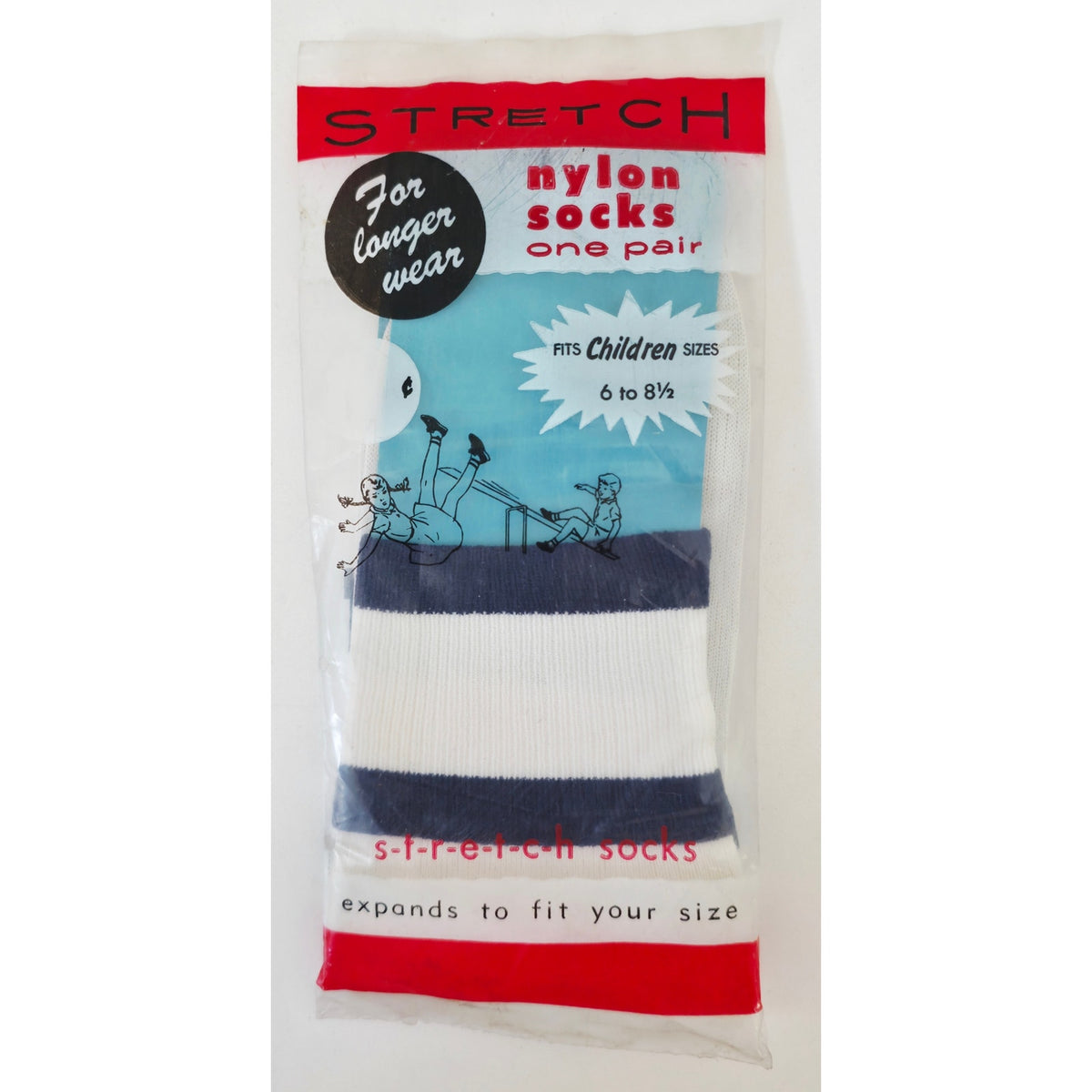 VINTAGE *NEW* 1960's Blue and White Striped Children's Stretch Socks Size 6-8.5