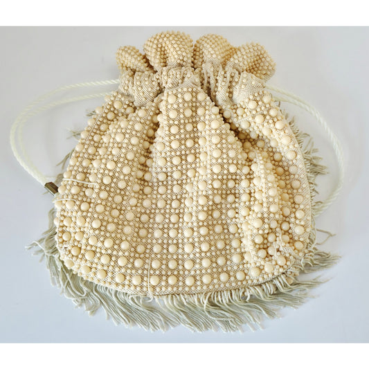 VINTAGE *NEW* 1960's Multicolor Yellow Beaded w/Tassels Drawstring Cinch Purse