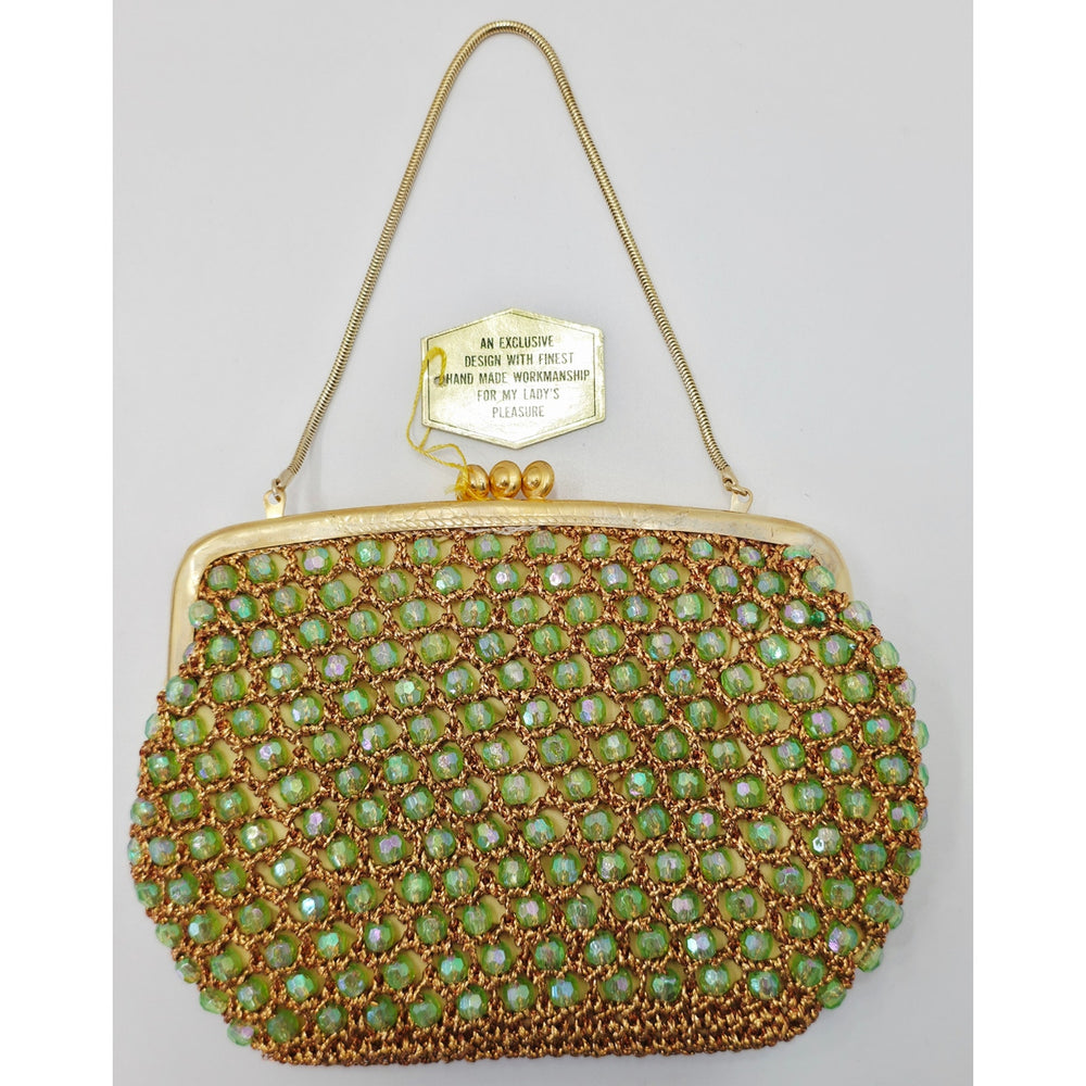 VINTAGE *NEW* 1960's Hand-Made Fancy Beaded Green Purse with Gold Strap