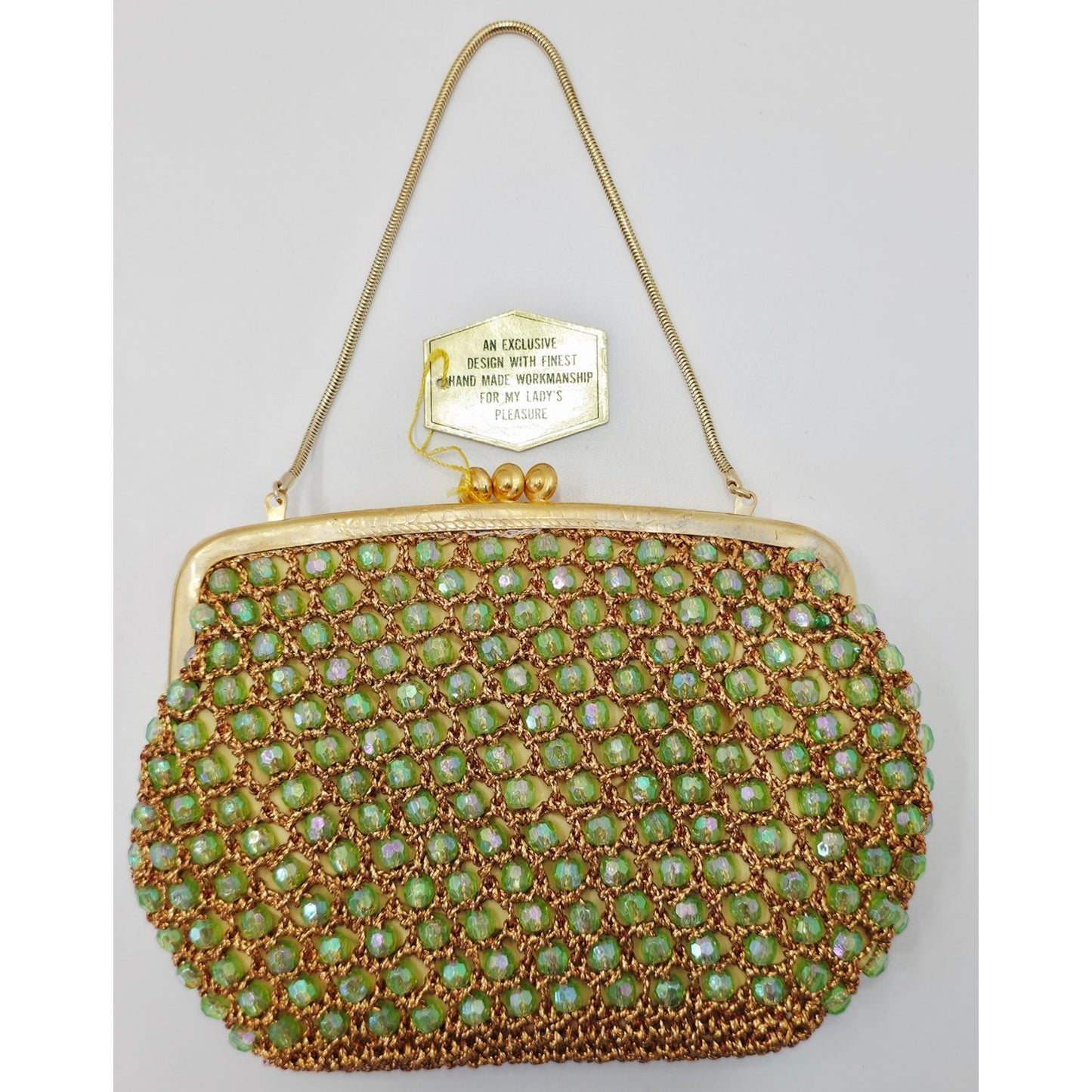 VINTAGE *NEW* 1960's Hand-Made Fancy Beaded Green Purse with Gold Strap