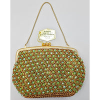 VINTAGE *NEW* 1960's Hand-Made Fancy Beaded Green Purse with Gold Strap